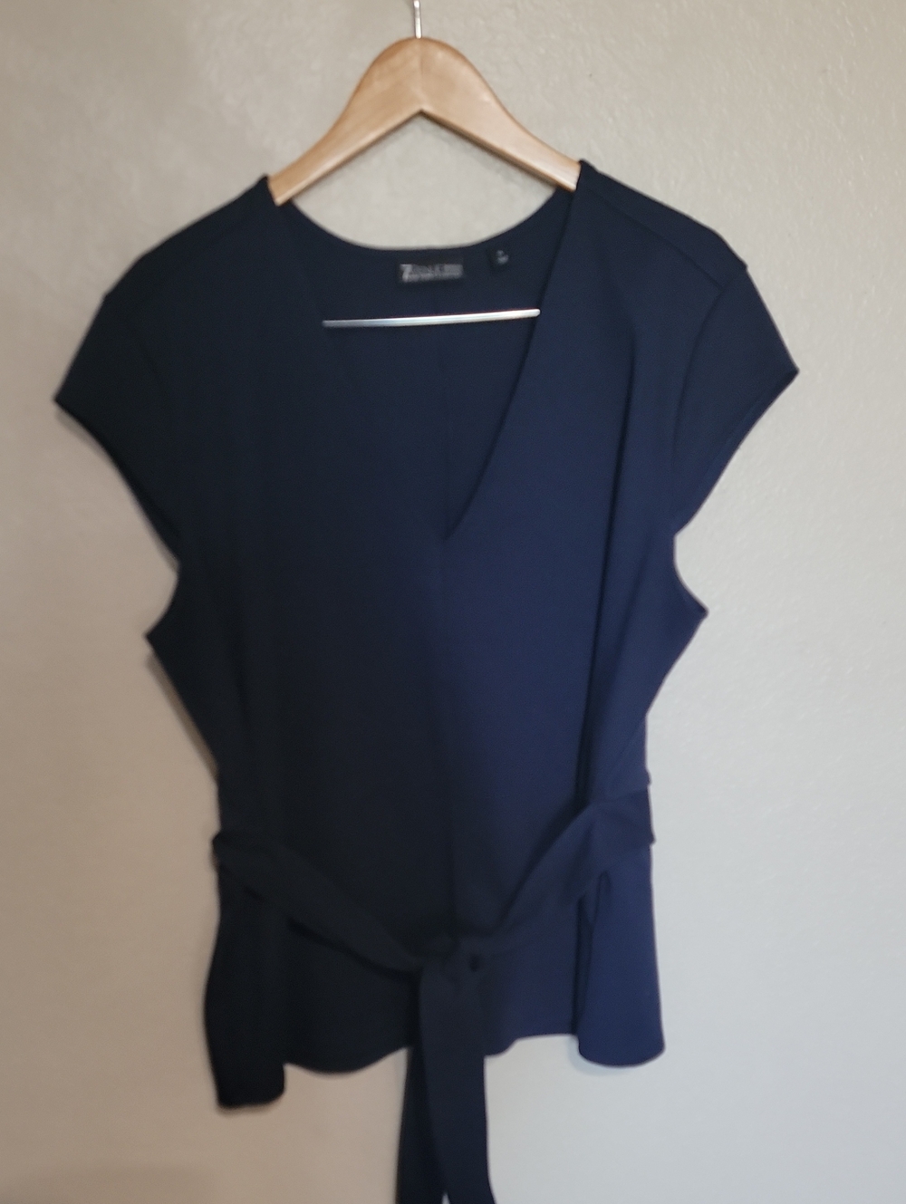 New York & Company Navy Short-Sleeve Wrap Tie Blouse
